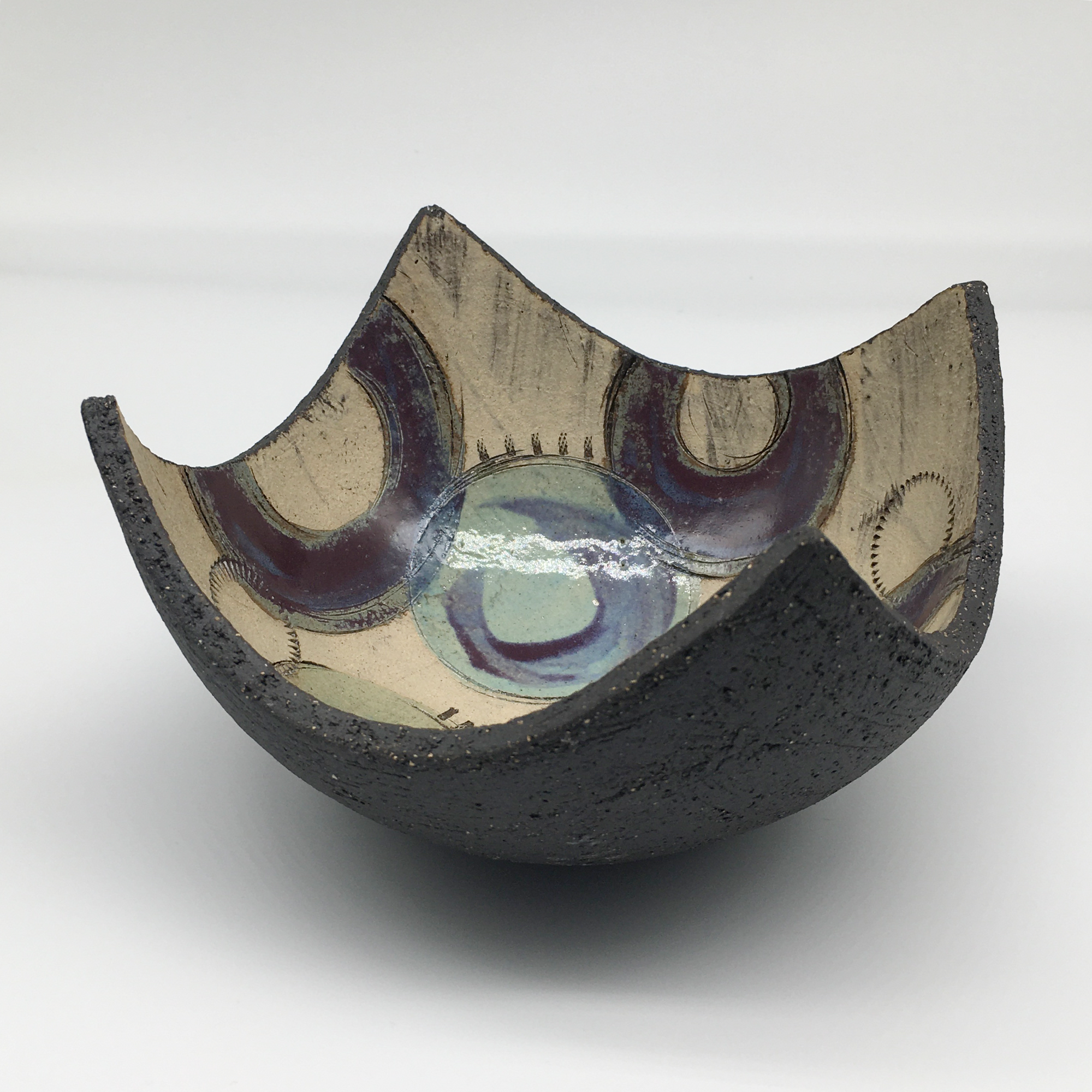 Bowl - Textured black with muted purple crescents with green and blue circles