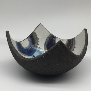 Bowl - Textured black with many blue circles and purple crescents