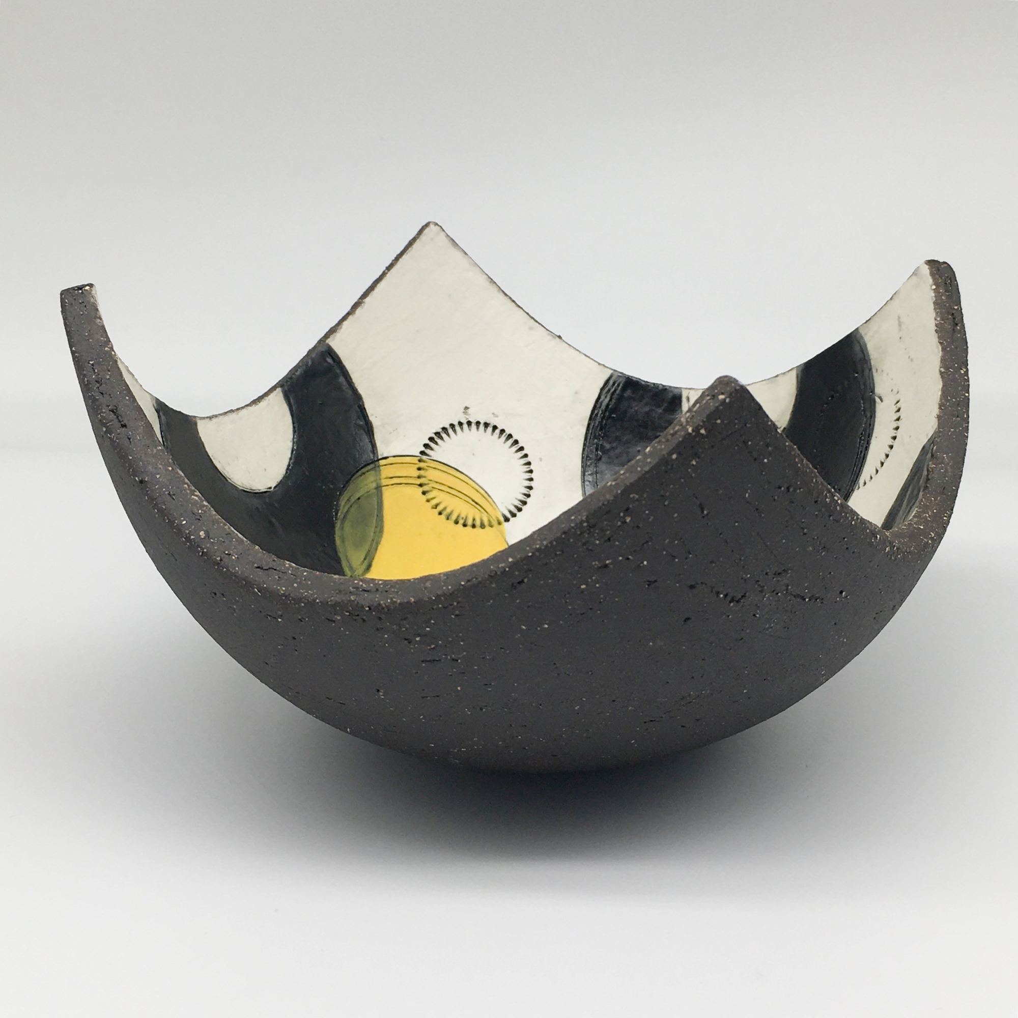 Bowl - Textured black with black crescents with grey and yellow circles